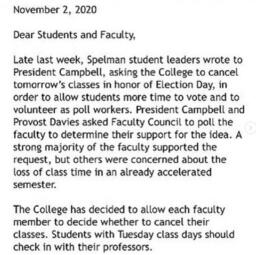 Spelman College Correspondence About Election Day, November 2, 2020