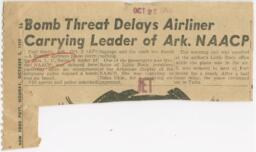 "Bomb Threat Delays Airliner Carrying leader of [Arkansas] N.A.A.C.P." Article, October 5, 1959