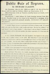 Public Sale of Negros, by Richard Clagett Announcement Flyer, 1833