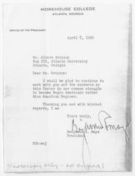 Correspondence from Morehouse President Benjamin E. Mays, April, 1960