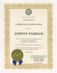 Johnny Parham's Certificate of Appreciation, March 31,2000