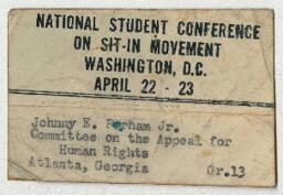 John Parham's National Student Conference on Sit-In Movement Card, April 1960