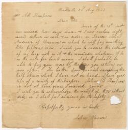 Correspondence, John Brown to Seth Thompson, August 22, 1833