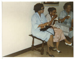 Three women at Beta Phi Mu Initiation, circa 1980