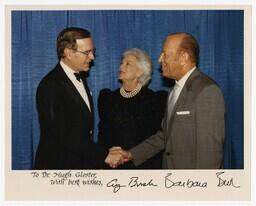 White House visit including President George W. Bush, Barbara Bush, and Hugh Gloster, circa 1989