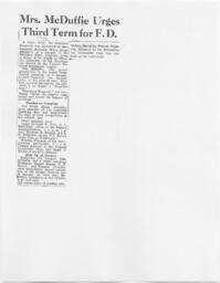 "Mrs. McDuffie Urges Third Term for F.D.", circa 1940