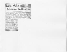 "Mrs. McDuffie is Speaker in Boston", circa 1938