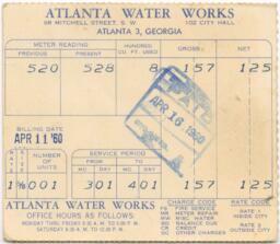 Atlanta Water Works Receipt, April 11, 1960