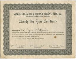 Georgia Federation of Colored Women's Clubs 25 Year Certificate, June 12, 1954