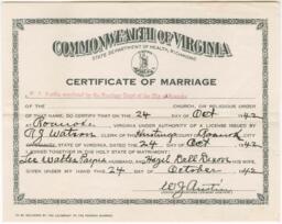 Certificate of Marriage for Hazel Dixon and Lee Payne, October 24, 1942