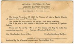 Annual Woman's Day, Liberty Baptist Church, November 19, 1961