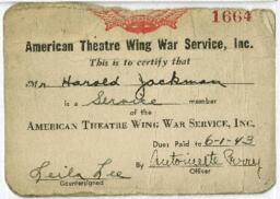 Harold Jackman's American Theatre Wing War Service ID card, June 1, 1943