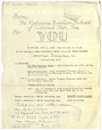 "From: The Katherine Dunham School of Cultural Arts, Inc. To: You" Flyer, June 3, 1949