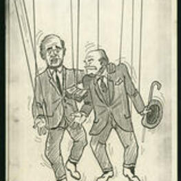 View of two men on marionette strings with money dangling in front of them.
