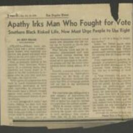 Newspaper article featuring the sentiments of John R. Lewis, Executive Director of the Voter Education Project, as he discussed the importance of voting and the challenges facing voter registration efforts in the South. Lewis argued that voter apathy and cynicism were among the major obstacles to increasing voter turnout, especially among young people. He also cited the lack of universal voter registration and the intimidation of Black voters by law enforcement as problems that needed to be addressed. 1 page.