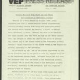 Press release from the Voter Education Project regarding a study by the Voter Education Project, which found that Ken Moseley, a Black, won the South Carolina second congressional district primary because of a higher Black turnout rate and a higher Black crossover vote. Moseley received 87% of his votes from Blacks and 13% from whites, while Stevenson received 64% of her votes from whites and 36% from Blacks. The results from the Second Congressional District followed trends observed elsewhere in the south in the 1984 primaries, where Blacks were participating in Democratic primaries at a much higher rate than whites and were having a significant impact on the selection of the party's candidates. 2 pages.