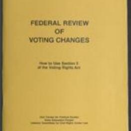 Handbook compiled by the Joint Center for Political Studies, Voter Education Project, and Lawyers' Committee for Civil Rights Under Law providing guidance on how to use Section 5 of the Act to further Black political participation. Voting Rights Act of 1965 was a landmark piece of legislation that has helped to increase Black political participation in the United States. The Act was successful in registering and electing more Black officials, but there were still political and economic obstacles that remained. 111 pages.