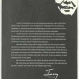 Booklet of Jimmy Carter's 1976 Presidential campaign materials, including statements of support, a public address from Carter, and articles about the campaign, prepared for the Democratic Convention. In his public address, Carter argued that while much progress had been done already, there was still much work to be done to achieve an end to poverty, discrimination, and corruption, and to create an honest government, compassionate, and responsive to the needs of the people. 20 pages.
