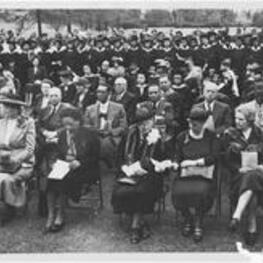View of the crowd and graduates during the dedication ceremony for the Trevor Arnett Library. Written on verso: Dedication Trevor Arnett library dedication, June, 1949