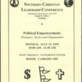 The program booklet for the panel discussion titled "Political Empowerment: Strategies, Tactics and Organization" held as part of the 38th Annual Southern Christian Leadership Conference Convention in New Orleans, Louisiana. 4 pages.