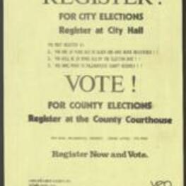 Flyer encouraging people to register for city elections in Tallahatchie County, Mississippi. 1 page.