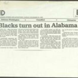 The Voter Education Project found that in the 1984 presidential election, Black voter turnout exceeded 60% in Georgia and Alabama, with Alabama being the only southern state where Black voter turnout was not less than White voter turnout, and while President Reagan won both states, he only won 5% of the Black vote in Georgia and 7% of the Black vote in Alabama. 1 page.