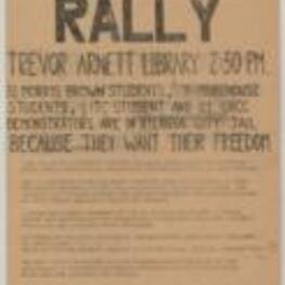 Student Nonviolent Coordinating Committee (SNCC) flyer promoting a student rally at Trevor Arnett Library protesting the arrest of Atlanta University Center Students.