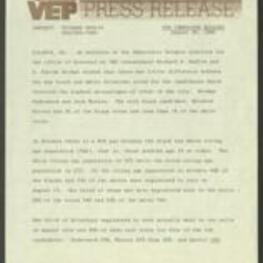 Press release from the Voter Education Project discussing statistical analysis of the Democratic Primary election for the office of Governor in Atlanta by VEP researchers, which found that there was a negligible difference between the way Black and white Atlantans voted for the candidates which received the highest percentages of votes in the city. The only Black candidate, Mildred Glover, had 3% of the Black votes and less than 1% of the white votes. The analysis also found that there was a 20% gap between the Black and white voting age population in Atlanta, and that Black voter turnout was lower than white voter turnout. From the results of the study, VEP urged citizens to carefully study the candidates before going to the polls and carefully cast their votes. 2 pages.