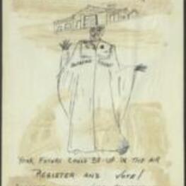 Sketch of a Southeast Arkansas Voter Registration Project flyer from Crosett, AR, depicting a supreme court member balancing a house with the "Bakke Decision" hovering over. The Bakke Decision was were the Supreme Court ruled that a university's use of racial "quotas" in its admissions process was unconstitutional, but a school's use of "affirmative action" to accept more minority applicants was constitutional in some circumstances. 1 page.