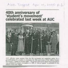 Photograph of the groundbreaking ceremony for the 40th anniversary of the Atlanta Student Movement and the Appeal for Human Rights. Featured in this photo: Mary Ann Smith, Lonnie. C King, Walter E. Massey, and Thomas W. Cole Jr.. 1 page.