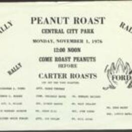 Flyer for a "Get Out the Vote" Peanut Roast and Rally held before the 1976 Presidential Election, featuring guests like Congressman Andrew Young, Lieutenant Governor Zell Miller, and Mayor Maynard Jackson, held on November 1, 1976 in Central City Park. 1 page.