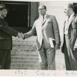Leroy Johnson, [Warren] Cochrane, and Clarence A. Bacote at (Georgia) State Capitol when Johnson qualified to run for State in 1962.