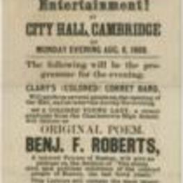 A flyer advertising a lecture and entertainment at City Hall, Cambridge for August 6, 1866 in Boston.