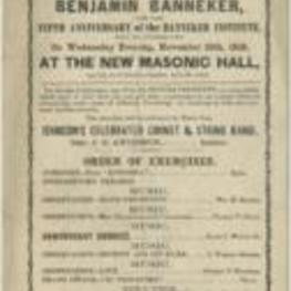 An event flyer announcing the One Hundred and Twenty Sixth Anniversary of Benjamin Banneker's birthday and the Fifth Aniiversary of the Banneker Institute for November 10, 1858.