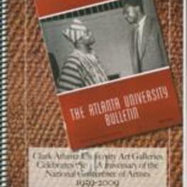 "Clark Atlanta University Art Galleries Celebrates the 50th Anniversary of the National Conference of Artists" booklet highlighting the historical significance of the National Conference of Artists (NCA) and its connection to the Atlanta University Annual Exhibition of 1959. The NCA, originally the National Conference of Negro Artists, was founded to support African-American artists in a racially segregated art world. The booklet displays the evolution of the NCA and its role in advocating for fair representation in art competitions. Clark Atlanta University celebrates NCA's 50th Anniversary and its mission to promote African Diaspora artists.