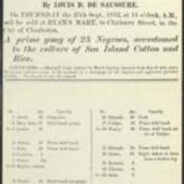 A flyer advertising a slave sale by Louis D. De Saussure in Charleston, South Carolina to be held on September 25, 1852.