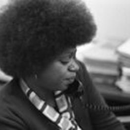 An unidentified woman talks on a phone in a VEP office.