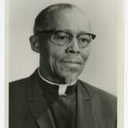 Portrait of Bishop Frederick D. Jordan wearing a clerical collar. Written on verso: Bishop Frederick D. Jordan, 1st Vice President of the National Council of Churches, 1970-1972.