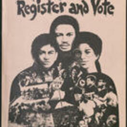 Voter Education Project poster depicting three individuals with a montage of civil rights workers. Written on recto: Carry it on, register and vote.