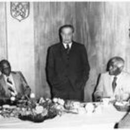 A breakfast honoring California Judge David W. Williams. Left to Right: City Attorney Henry C. Bowden, Dr. James P. Brawley, Judge Williams, and Dr. Benjamin Mays.
