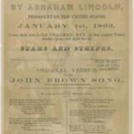 A flyer calling for freed black men to join the United States army. Includes the original version of the John Brown song and a political cartoon. 2 pages.