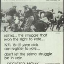 Flyer depicting the struggle in Selma, Alabama, and urging young voters to exercise their right to vote so as to not revisit this horrible event. 1 page.