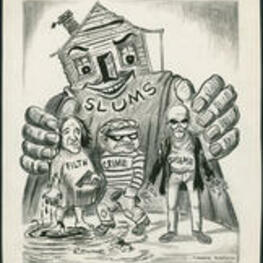 Three characters identified as "Filth," "Crime," and "Disease" stand below in the hands of a house-like figure labeled "Slums". Written on recto: "Meet Some of My Growing Family".
