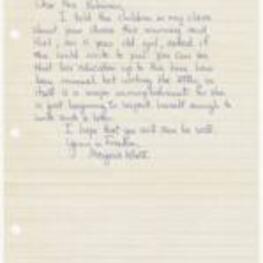 A get-well letter from a New York Harriet Tubman School student wishing Ruby D. Smith Robinson recovery from her illness. Attached is a letter from teacher Marjorie Klatt introducing the student. 3 pages.
