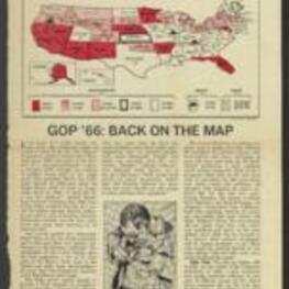 Magazine article discussing how the 1966 midterm elections were a major victory for the Republican Party, which gained 47 seats in the House of Representatives, three seats in the Senate, and eight governorships. The GOP's success was attributed to a number of factors, including discontent with the Johnson administration's handling of the Vietnam War, inflation, and the backlash against civil rights legislation. The election results also set the stage for the 1968 presidential election, in which the Republicans were expected to be a strong contender. 14 pages.