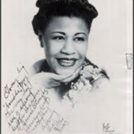 Portrait of Ella Fitzgerald. Written on recto: To my big "brudda," May the very, very [?] of success, health and happiness be found. Straight from my heart [?] Sincerely [?] Ella [?].