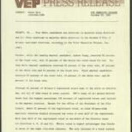 Press release on how the VEP found that in the October 6, 1981 City of Atlanta municipal elections, four white candidates won in majority Black districts and all three elections in majority white districts, while Black mayoral candidates received 57% of the total vote and the highest percentage (58%) of registered voters cast ballots in the mayoral election. 2 pages.