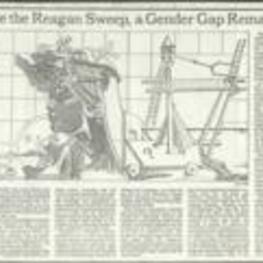 The article discusses the gender gap in the 1984 Presidential election, which refers to the difference in voting patterns between men and women. Despite President Reagan's sweeping victory, the gender gap remained a significant feature of the political landscape, with Mr. Mondale's biggest women's majorities coming from minority groups. 1 page.