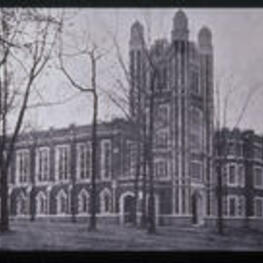 A view of Leete Hall. Text from slide presentation: One of two university building remaining is Leete Hall, now part of Carver High School.