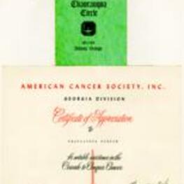 A certificate of appreciation presented to the Chautauqua Circle from the American Cancer Society.
